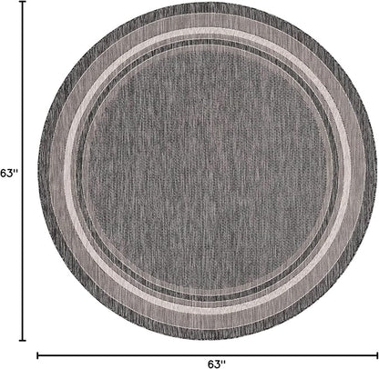Unique Loom Outdoor Border Collection Area Rug - Soft Border (5' 3" Round, Black/ Ivory)
