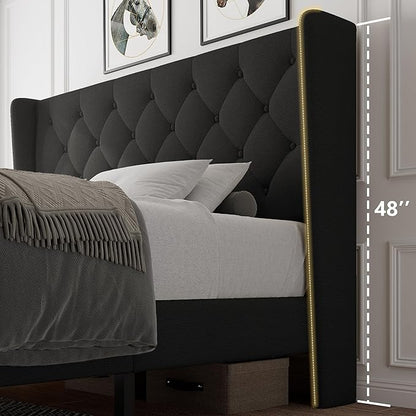 iPormis King Size Platform Bed Frame with Button Tufted Headboard, Upholstered Bed Frame with Solid Wooden Slats, 8" Underbed Space, No Box Spring Needed, Noise Free, Easy Assembly, Black