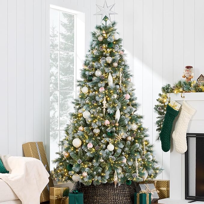 Best Choice Products Full Scotch Pine Christmas Tree, 6ft Pre-Lit Frosted Holiday Decor w/ 1,200 Twinkling Micro LED Lights, 2-in-1 White & Multicolor