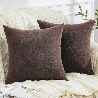 GAWAMAY Decorative Chenille Throw Pillow Covers 26x26 Inch Pack of 2, Soft Square Couch Pillow Cover for Sofa Cushion Living Room Bedroom Solid Dyed Oversized Pillowcases Coffee 66x66cm (ONLY Covers)