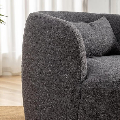 KINWELL 34" Wide Boucle Swivel Barrel Chair, No Assembly Round Upholstered Armchair Accent Chair Single Sofa Chair with Toss Pillow for Living Room and Bedroom, Dark Grey