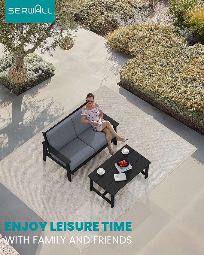 SERWALL HDPE Outdoor Patio Loveseat, Black Frame and Grey Cushion