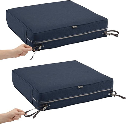 Classic Accessories Montlake Water-Resistant 25 x 25 x 5 Inch Square Outdoor Seat Cushion, Patio Furniture Chair Cushion, Heather Indigo Blue, Outdoor Cushion Cover