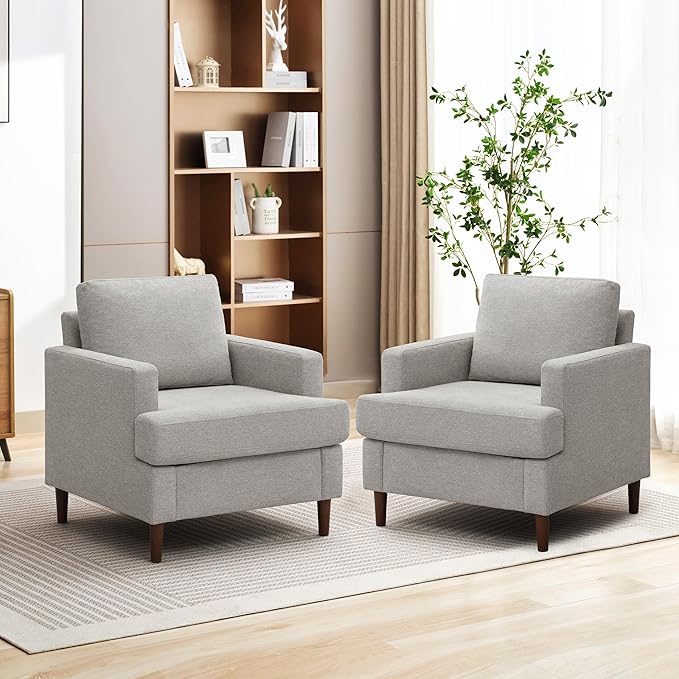 Mid-Century Accent Chair,Modern Linen Fabric Armchair for Living Room,Comfy Upholstered Reading Accent Chairs for Bedroom,Single Sofa Chair with Wood Legs (Light Grey, 2 Pack)