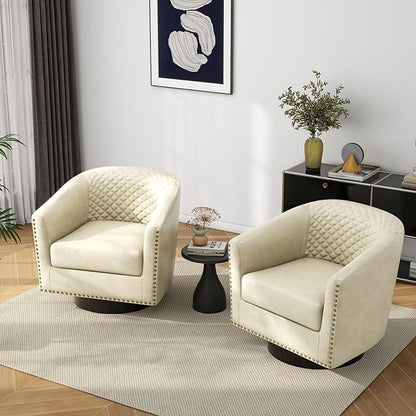 Pia Ricco Faux Leather Swivel Barrel Accent Chairs, 360° Swivel Round Single Sofa Chair, Comfy Upholstered Club Armchair with Nailhead Trim for Living Room/Reading Room/Bedroom,Beige