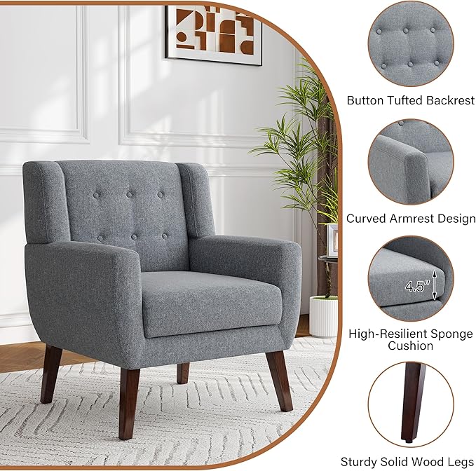 Accent Chairs Set of 2, Modern Fabric Armchairs for Living Room, Comfy Upholstered Arm Chairs Tufted for Indoor Bedroom Office Room (Gray)