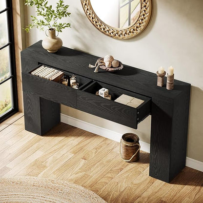 Tribesigns 63-Inch Wooden Console Table with 2 Hidden Drawers, Farmhouse Rustic Brown Sofa Table for Living Room, Hallway, Entrance, Foyer, Easy Assembly (Black)