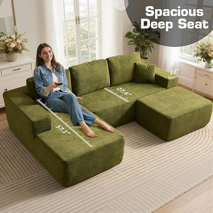 106" Cloud Sectional Couch with L-Shape Chaise & Ottoman, No Assembly Modular Sofa, Deep Seat Corduroy Boneless Couched for Living Room (Green Cloudy Velvet, Left Facing Chaise with Ottoman)