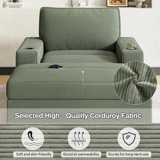 Christopher Knight Home Zoe Oversized Chaise Lounge Chair Indoor with Cup Holders & USB Charging Port, Corduroy Upholstered Sofa Bed + Ottoman with Storage, Comfy Deep Seat Sleeper Sofa Chair, Green