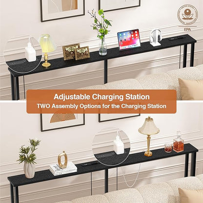70" Narrow Console Sofa Table - 2 Power Outlets & 4 USB Ports, Metal Frame, Black, Perfect for Hallway, Office, and Behind Sofa - Easy Assembly, 4.9' Extension Cord Included