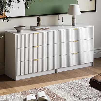 3-Piece Dresser Bedroom Set, 9 Drawer Dresser & 3 Drawer Nightstands with Gold Handles, Fluted Wood Chest of Drawers for Bedroom, Living Room, Entryway, White