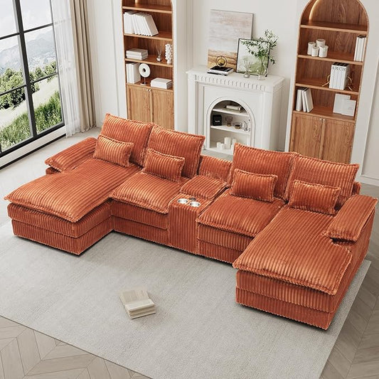 HYJT-H&K 124" U Shaped Cloud Couch Sectional, Comfy Fluffy Plush Corduroy Orange Sectional Couches for Living Room, Modern Modular Corduroy Couch Sectionals with Central Console & Double Chaise