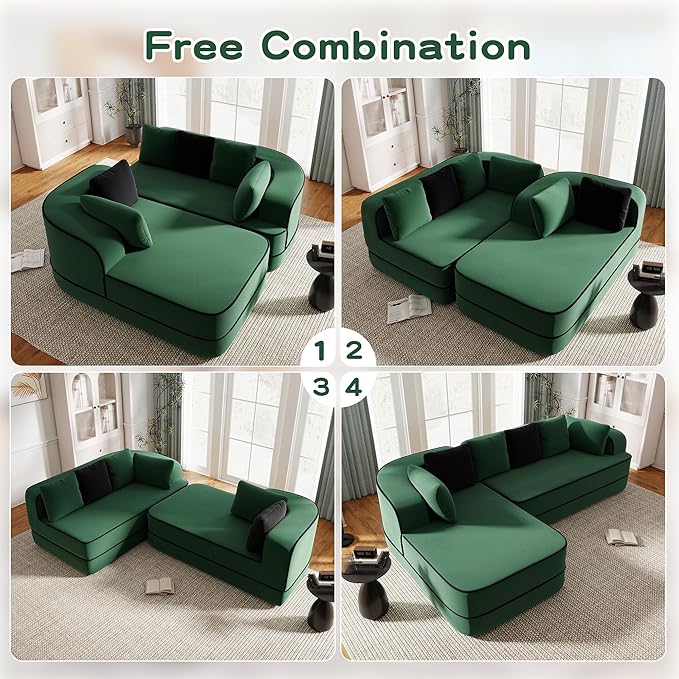 Cloud Sectional Sofa Modern Boneless Couch for Living Room, Comfy Deep Seat Comfy Teddy Fabric Double Sofa Chaise No Assembly Required (Green, 106" L Shape with Left Facing)