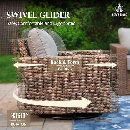 HERA'S HOUSE Luxury Swivel Glider Patio Furniture Set with 4.92" Wide Armrests 5.5" Thick Cushions, 6 Pieces Outdoor Wicker Furniture Conversation Set with Table for Backyard Deck Garden, Grey