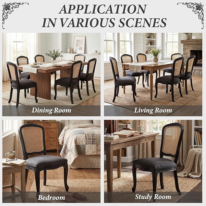Wicker Dining Chairs Set of 4, Upholstered Linen Fabric Dining Room Chairs with Square High Rattan Back Farmhouse French Kitchen Chairs for Dining Table/Living Room/Restaurant, Black