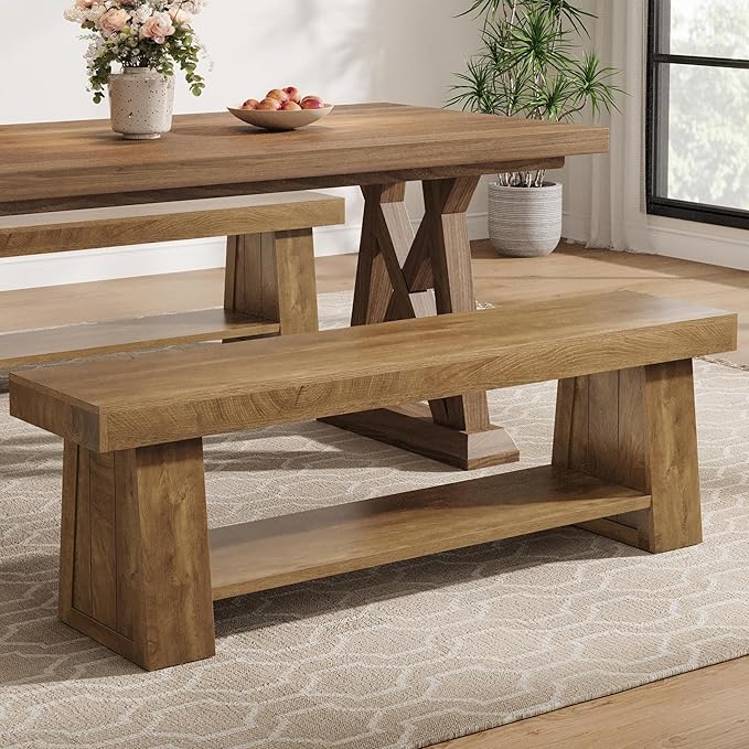 Tribesigns 63" Wooden Entryway Bench with Storage Shelf, Rustic Extra Long Bench, 2-Tier Hallway Bench for Living Room, Bedroom, Kitchen (Rustic Brown)