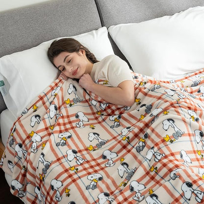 Berkshire Blanket Peanuts® VelvetLoft® Cute Character Snoopy Plush Blanket,Snoopy and Woodstock Wood Holiday Plaid Medium Tan,Full/Queen 90 in x 90 in (Official Peanuts® Product)