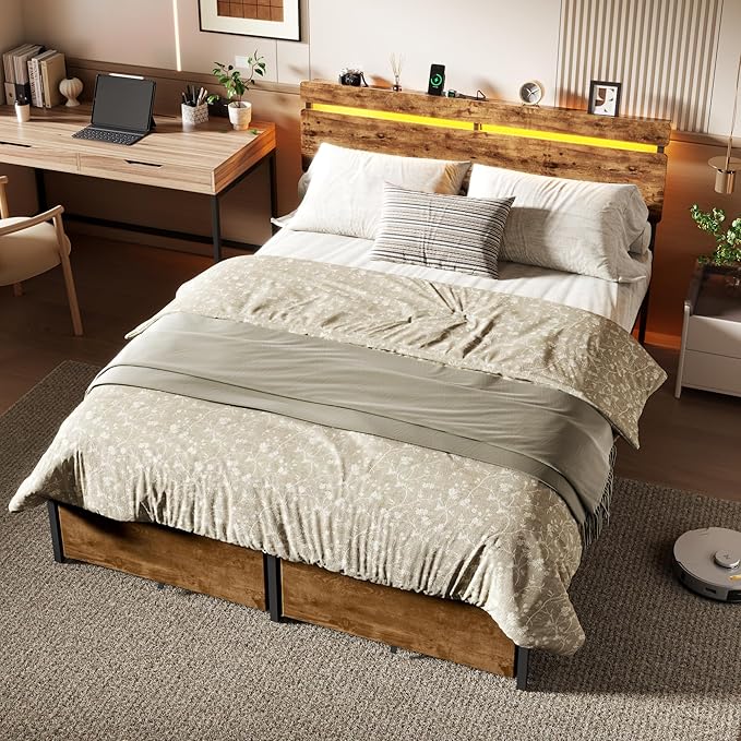 Forestell Queen Bed Frame with Wood Headboard, Metal Platform Bed with 2 Storage Drawers & Shelf, Built-in Charging Station & LED Lights, No Box Spring Needed, Vintage Brown, Cama Queen Size