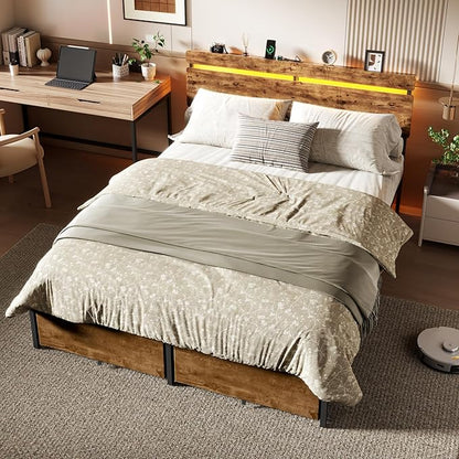 Forestell Queen Bed Frame with Wood Headboard, Metal Platform Bed with 2 Storage Drawers & Shelf, Built-in Charging Station & LED Lights, No Box Spring Needed, Vintage Brown, Cama Queen Size