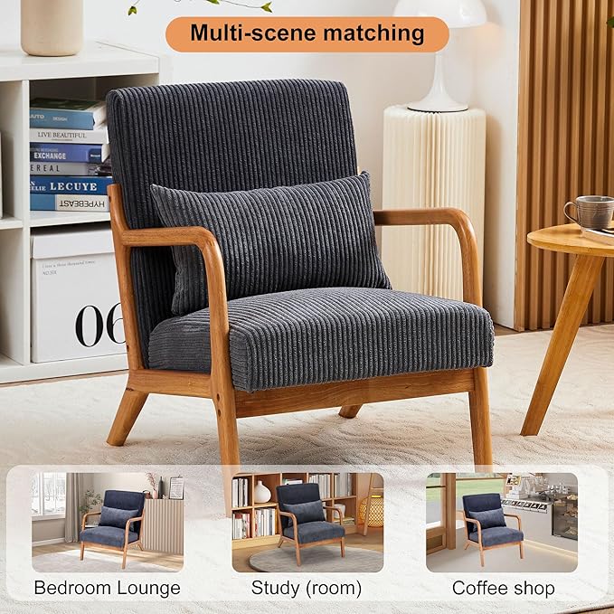 Accent Chairs, Set of 2 Mid-Century Modern Chair with Pillow, Armchair with Solid Wood, Reading Relaxing Leisure Chair for Living Room,（Grey）