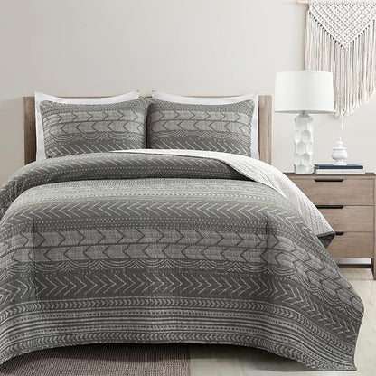 Lush Decor Hygge Geo Pattern Striped 3 Piece Quilt Bedding Set, Full/Queen, Charcoal