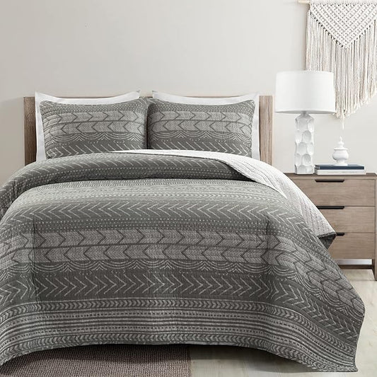 Lush Decor Hygge Geo Pattern Striped 3 Piece Quilt Bedding Set, Full/Queen, Charcoal