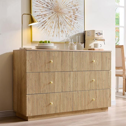 Fluted Dresser for Bedroom, 47" 6 Drawer Dressers, Wood Tall Dresser Storage Organizer, Modern Chest of Drawers with Deep Storage for Closet Hallway, Entryway, Living Room, Natural