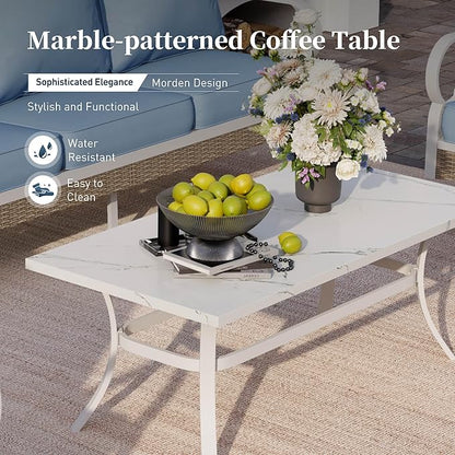 6 Piece Metal Outdoor Patio Furniture Set, Patio Conversations Sets 3-Seater Sofa, 2-Seater Sofa, 2 Swivel Chair with 5.75" Thick Cushion & Coffee Table White Backyard Furniture, Blue