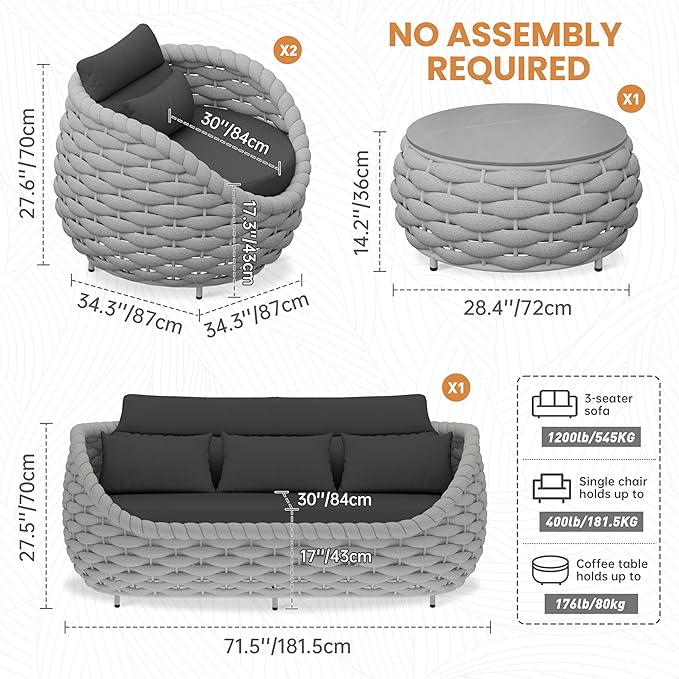 Woven Rope Patio Furniture Set: 4 Pieces Aluminum Outdoor Conversation Sofa Set Assembled - Modern Couch Set Cushioned - All Weather Metal Porch Seating for 5 Person Deck Garden Hotel Resort