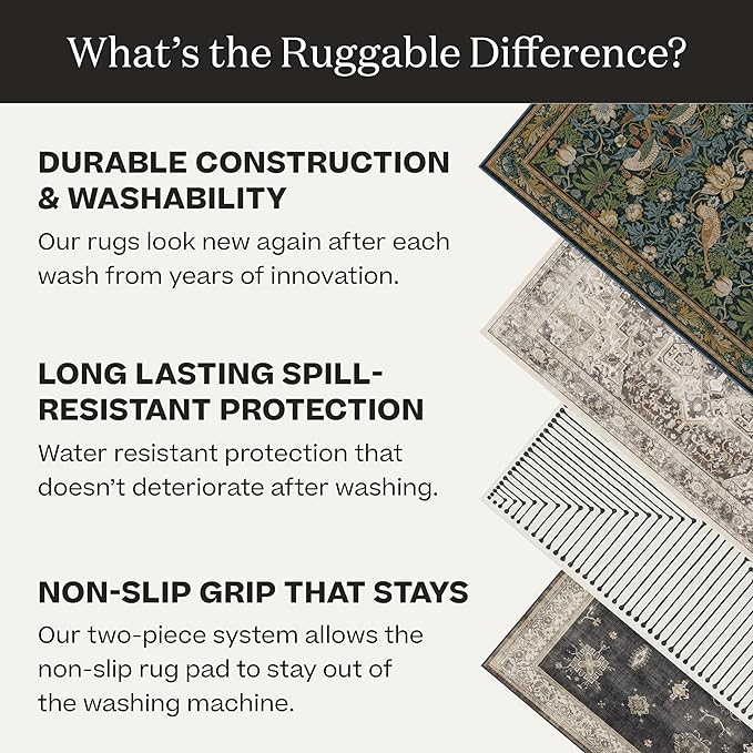 RUGGABLE Washable Vintage Area Rug – Kamran Ivory Opal 3x5, Stain-Resistant, Non-Slip – Small Machine Washable Rugs for Living Room, Bedroom, Hallway, Entryway & Office–with Cushioned Pad
