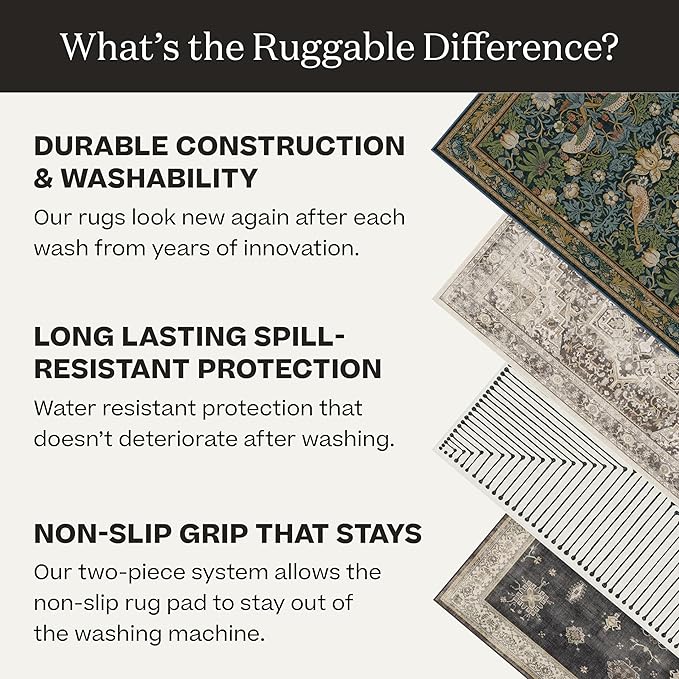RUGGABLE Washable Vintage Area Rug – Kamran Ivory Opal 8x10, Stain-Resistant, Non-Slip – Large Machine Washable Rugs for Living Room, Bedroom, Hallway, Entryway & Office–with Standard Pad