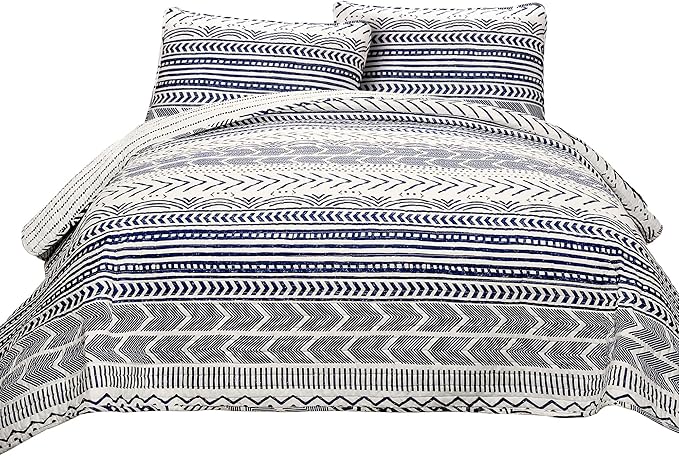 Lush Decor Hygge Geo Pattern Striped 3 Piece Quilt Bedding Set, Full/Queen, Navy & White