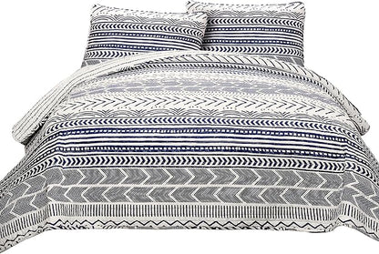 Lush Decor Hygge Geo Pattern Striped 3 Piece Quilt Bedding Set, Full/Queen, Navy & White