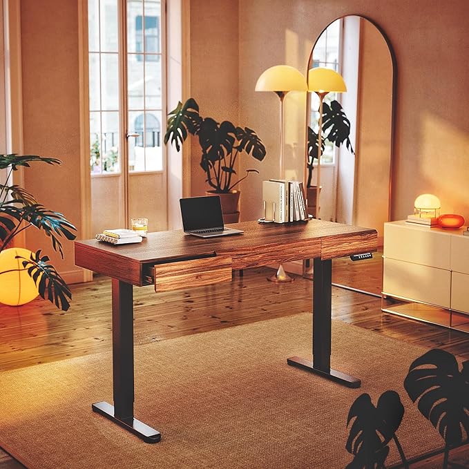 HUANUO Standing Desk with 3 Drawers, 48 Inch Electric Adjustable Height Desk with Storage, Whole-Piece Board Stand Up Desk for Home Office, Black Walnut