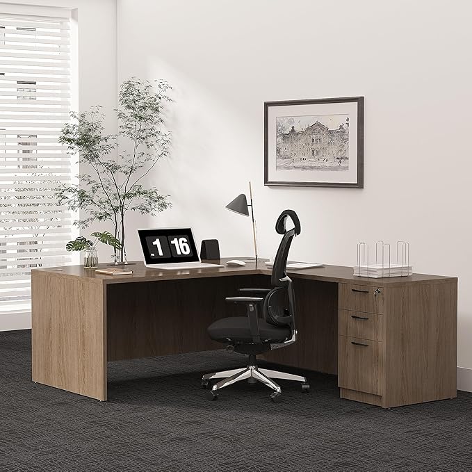 82.67" x 66.93" Bow Front L-Shaped Executive Desk with 3-Drawer File Cabinet (Lime)