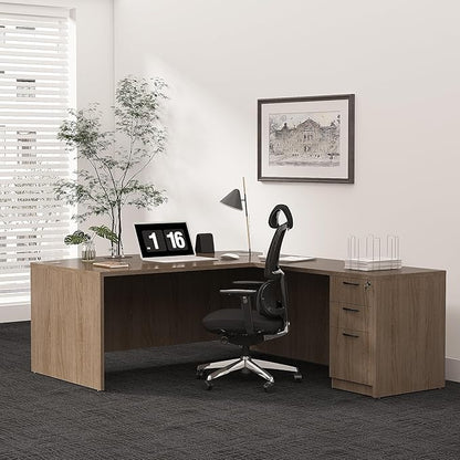 82.67" x 66.93" Bow Front L-Shaped Executive Desk with 3-Drawer File Cabinet (Lime)