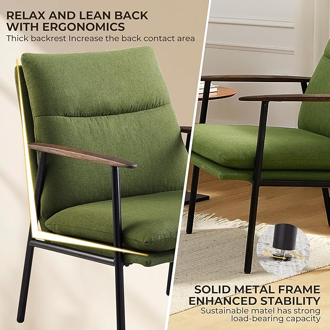 Art Leon Accent Chairs Set of 2-Mid Century Modern Accent Chairs Fabric Reading Bedroom Chair Armchair Wooden Arms Metal Frame Living Room Chair for Bedroom, Green