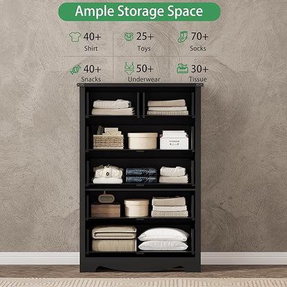 Dresser for Bedroom with 6 Drawers, 46" Tall Wood Chest of Drawers with Deep Drawers & Mental Handle, Modern Dresser TV Stand, Wooden Closet Storage Organizer for Living Room, Hallway, Entryway, Black