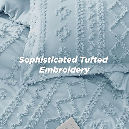 Bedsure Tufted Boho Comforter Set Queen Size - Light Blue Boho Bed Set, GentleSoft™ 3 Pieces Farmhouse Shabby Chic Embroidery Bedding, Gifts for Woman, Soft Jacquard Queen Comforter for All Seasons