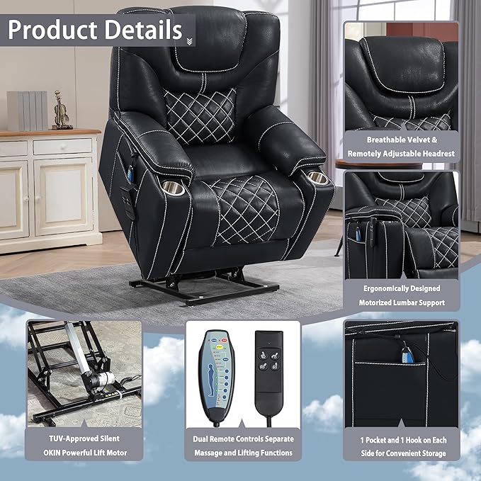 Power Lift Chair for Elderly: 9988 High Density Foam Lay Flat with Heat and Massage, Reclining to 180, 2 Pockets Cup Holders, 2 Remote Controls, Dual OKIN Motors - Breathable Leather Black