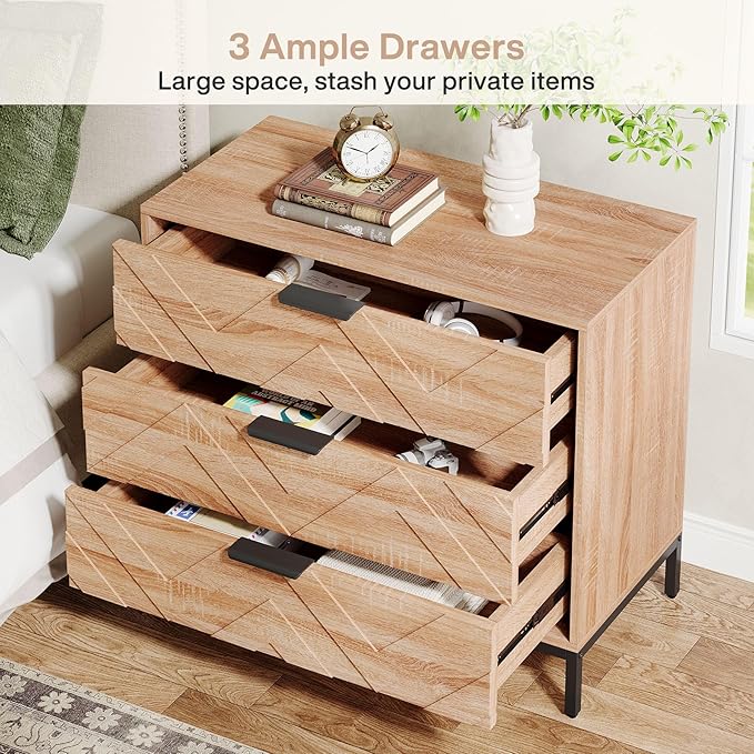 Tribesigns Wooden Nightstand with 3 Drawers, 31" Wide Night Stand with Metal Legs, Modern Large Bedside End Table for Bedroom, Living Room