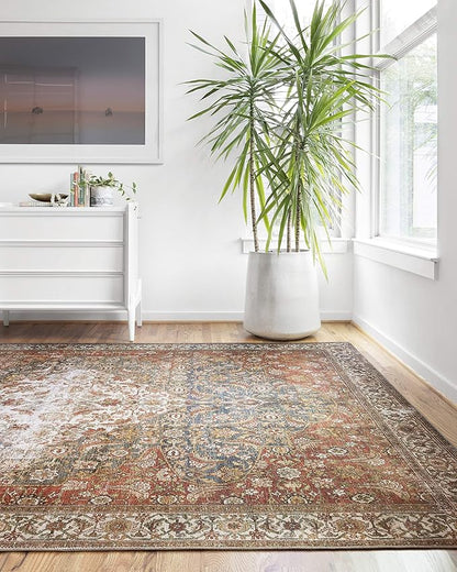 Loloi Layla Collection LAY-05 Ocean/Multi 5'-0" x 7'-6" .13" Thick Area Rug, Soft, Durable, Vintage Inspired, Distressed, Low Pile, Non-Shedding, Easy Clean, Printed, Living Room Rug