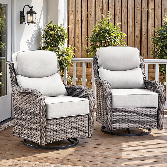 Belord Luxury 6" Thick Cushioned Outdoor Swivel Rocker Patio Chairs of 2, High Back Wicker Patio Furniture Set with Ergonomic Zone Back, Conversation Glider Set for Deck Porch - Grey+Beige
