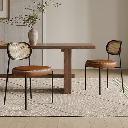 Rattan Dining Chairs Set of 4, Camel Leather Upholstered Dining Chairs with Rattan Cane Back, Mid Century Modern Dining Room Chairs with Black Metal Legs & D-Shaped Thicken Cushion, Camel