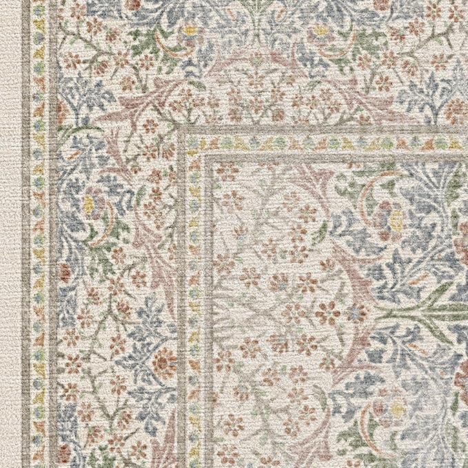 RUGGABLE x Morris & Co Machine Washable Runner Rug – Blackthorn Ivory Blue 2.5x10, Stain-Resistant, Non-Slip – Washable Rug for Hallway, Entryway, Living Room & Kitchen–with Standard Pad