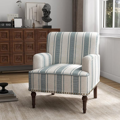 UIXE Stripe Accent Chairs Set of 2, Living Room Arm Chair Modern Nailhead Trim Club Armchair, Comfy Upholstered Sofa Lounge Seat Reading Seat Bedroom Side Seating for Home Office, Blue