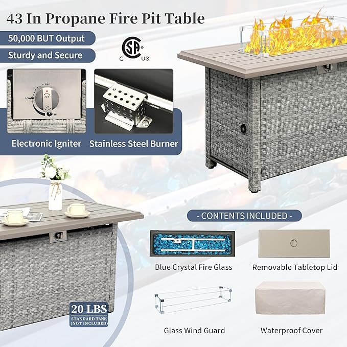 WAROOM Patio Furniture Set 6 Piece Grey Wicker Outdoor Furniture Patio Sectional Sofa Couch PE Rattan Conversation Sets with Fire Pit Table, Blue Cushion