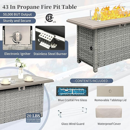 WAROOM Patio Furniture Set 6 Piece Grey Wicker Outdoor Furniture Patio Sectional Sofa Couch PE Rattan Conversation Sets with Fire Pit Table, Blue Cushion