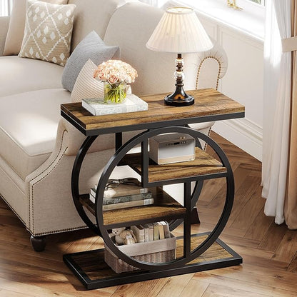 Tribesigns End Table for Living Room, 4-Tier Narrow Side Table with Storage Shelves, Industrial Bedside Table for Bedroom, Wood Small Sofa Side Table with Geometric Metal Frame (1 PC, Rustic Brown)
