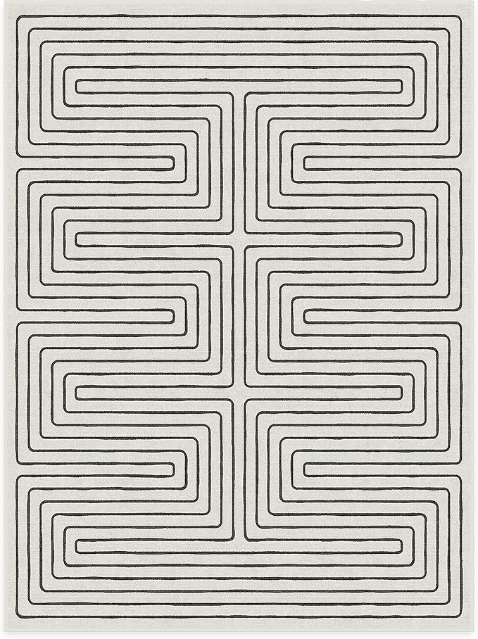 RUGGABLE x Jonathan Adler Machine Washable Modern Area Rug – Labyrinth Black/Ivory 9x12, Stain-Resistant, Non-Slip – Large Rugs for Living Room, Bedroom, Hallway, Entryway & Office–with Standard Pad